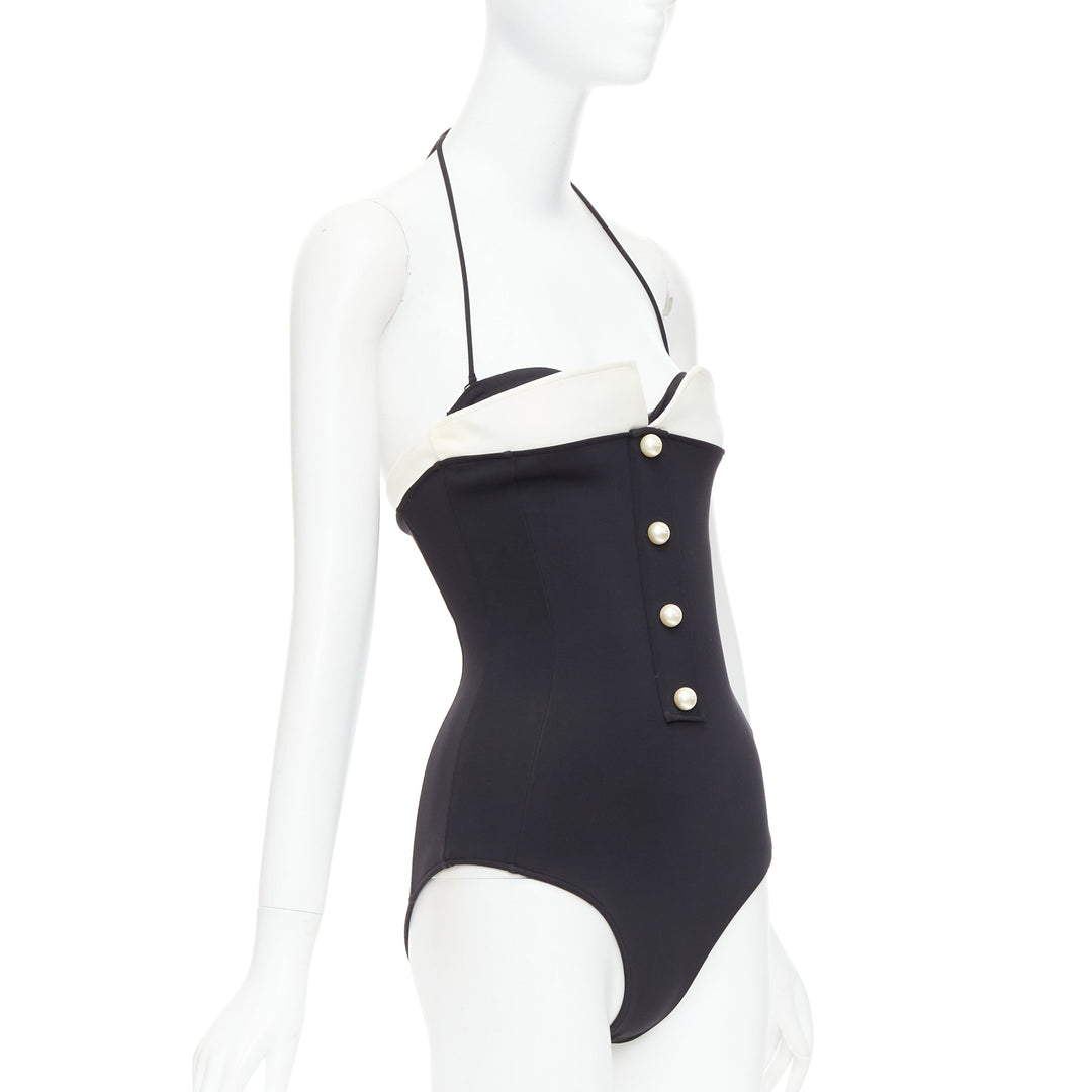 CHANEL white logo faux pearl black white collared halter one pc swimsuit FR34 XS