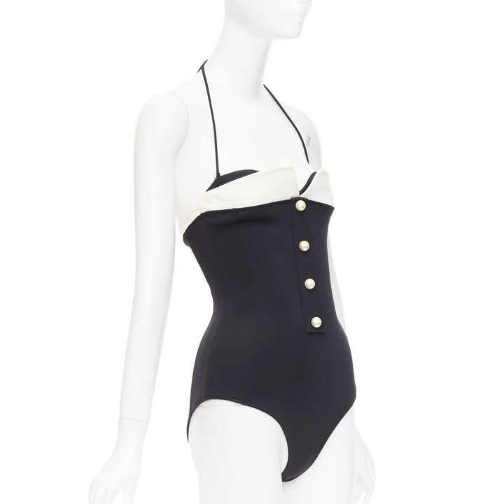 CHANEL white logo faux pearl black white collared halter one pc swimsuit FR34 XS