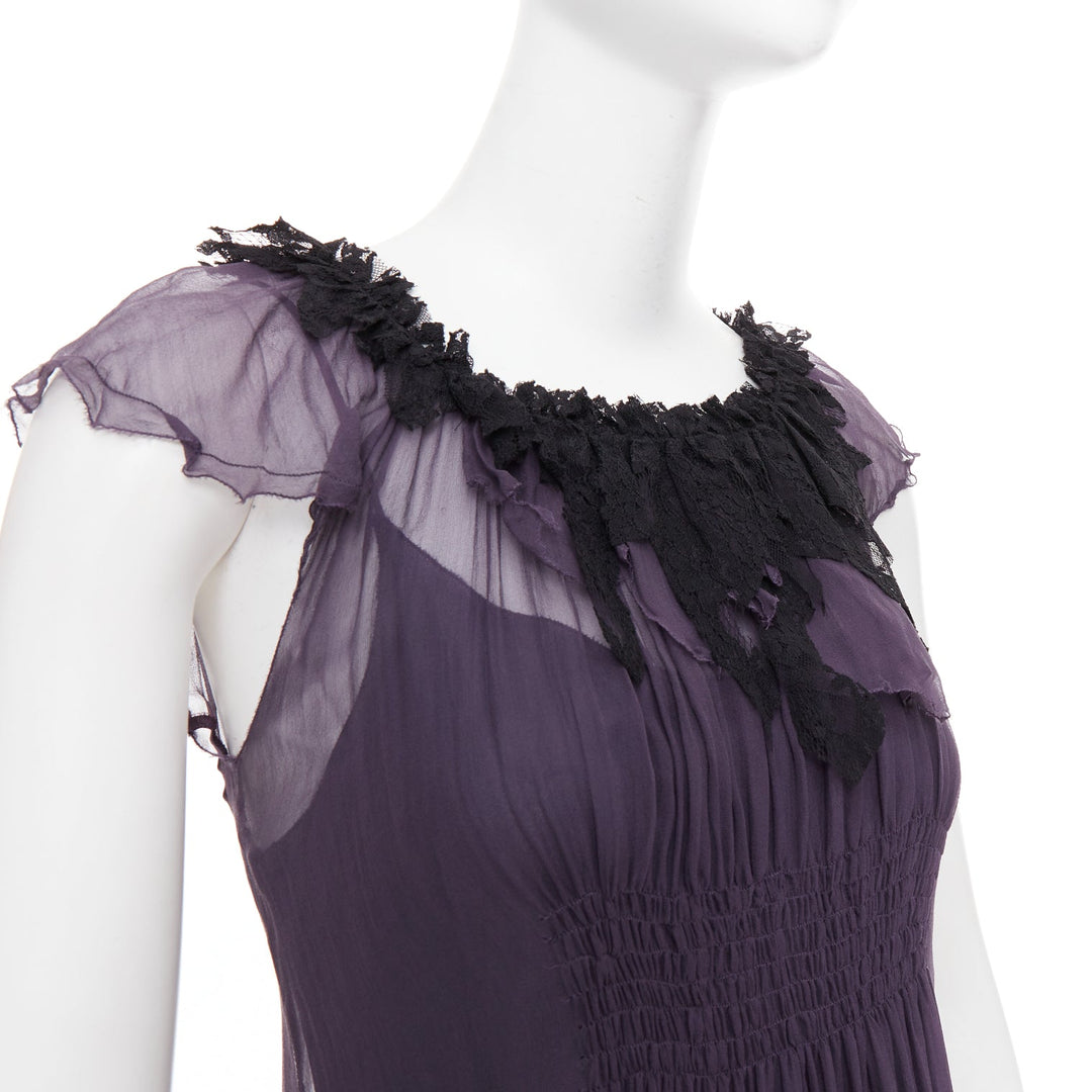LANVIN Vintage purple silk black lace trim ruched waist sheer dress FR38 M