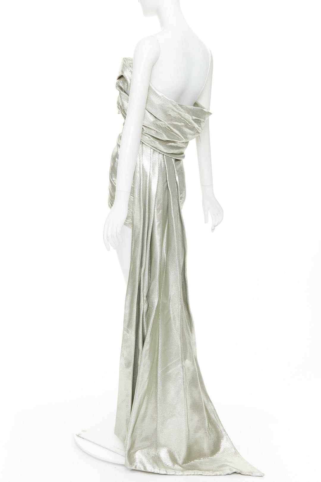 rare ALEXANDRE VAUTHIER COUTURE AW2019 Runway turquoise lame drape shoulder gown