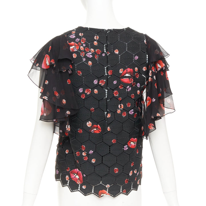 GIAMBA GIAMBATTISTA VALLI black red lady bugs lip embroidered  flutter top IT40