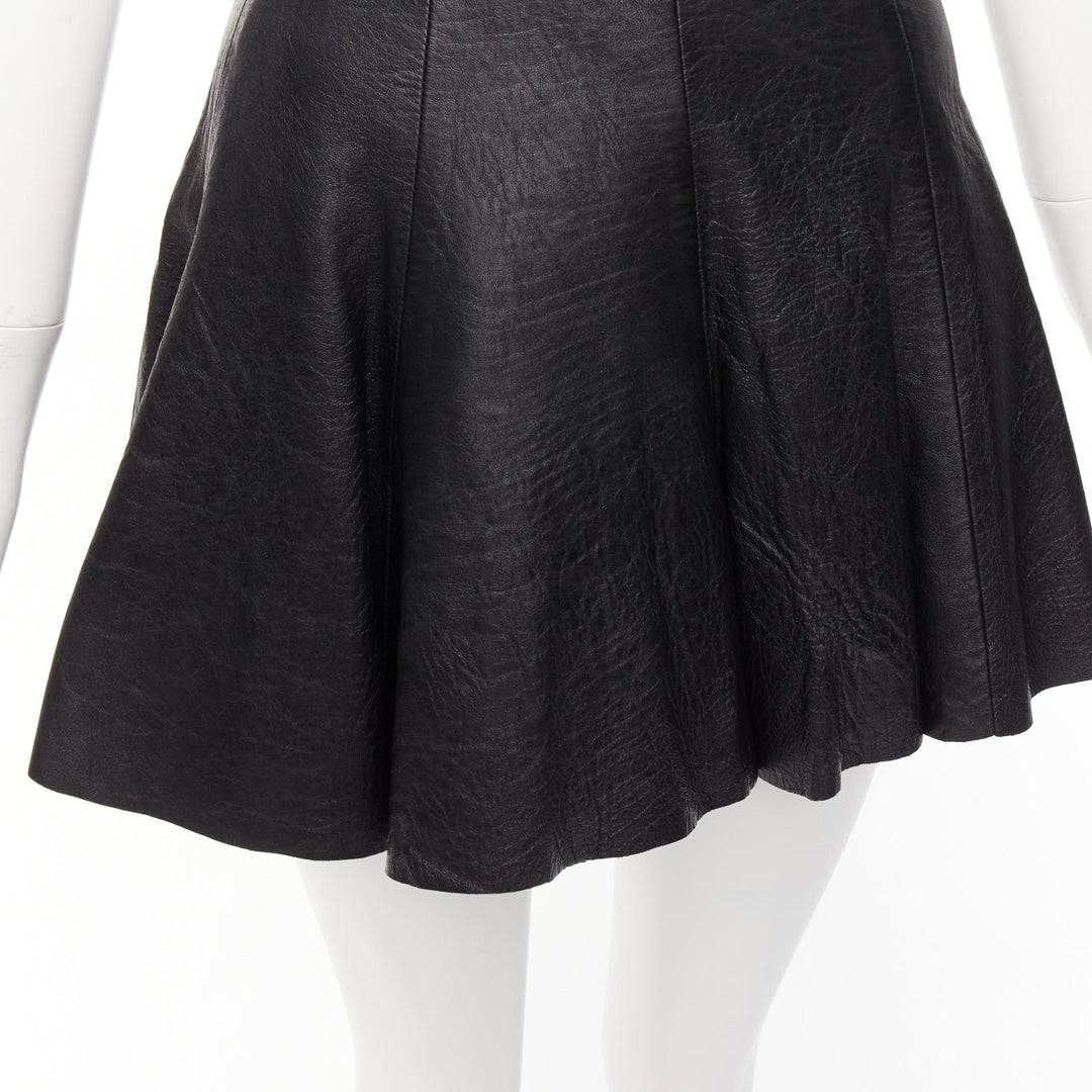 SAINT LAURENT 2016 black lambskin leather silk lined skater skirt FR34 XS