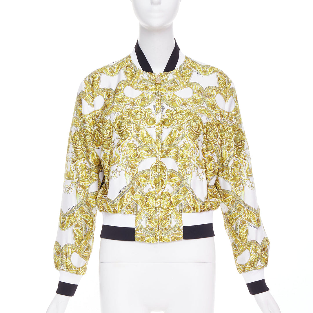 VERSACE 100% silk white gold Barocco chain print cropped bomber IT40 S