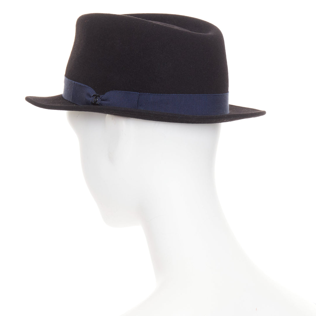 CHANEL 2011 black rabbit felt  navy ribbon trim CC logo fedora hat M