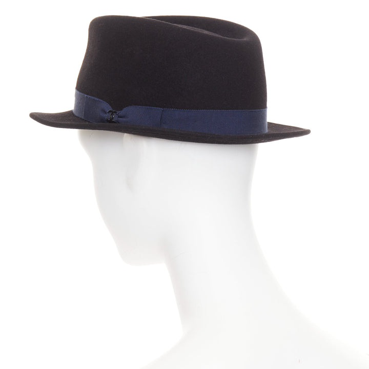 CHANEL 2011 black rabbit felt  navy ribbon trim CC logo fedora hat M