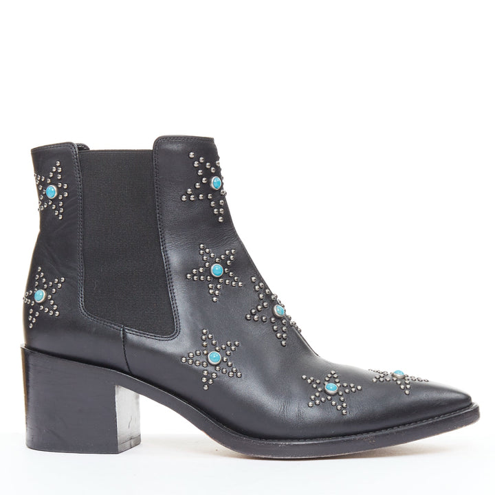 VALENTINO black leather turquoise blue stone star studded ankle boots EU40