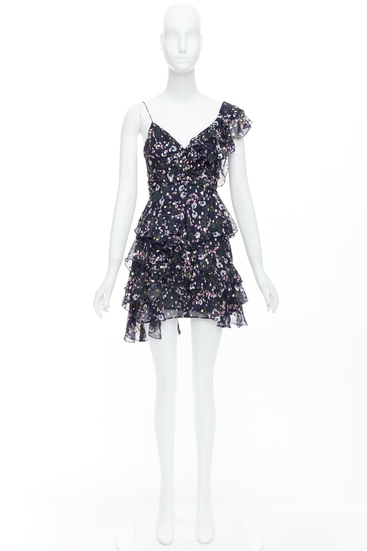 ISABEL MARANT Manda navy silk metallic floral asymmetric ruffle dress FR34 XS