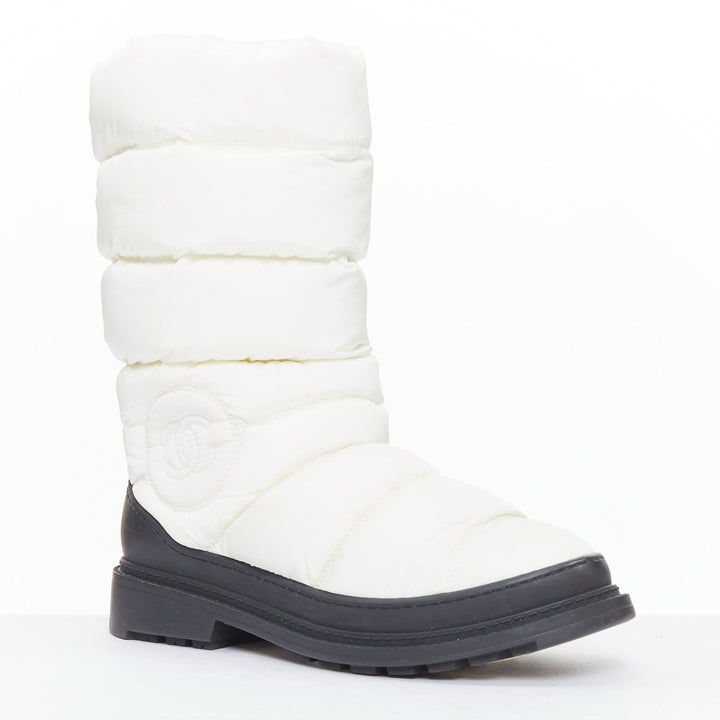 CHANEL cream nylon CC logo side padded black trim snow boots EU37.5
