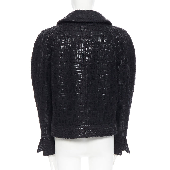 runway CHANEL 13A cyber tweed bomber sleeve double breasted black jacket FR36