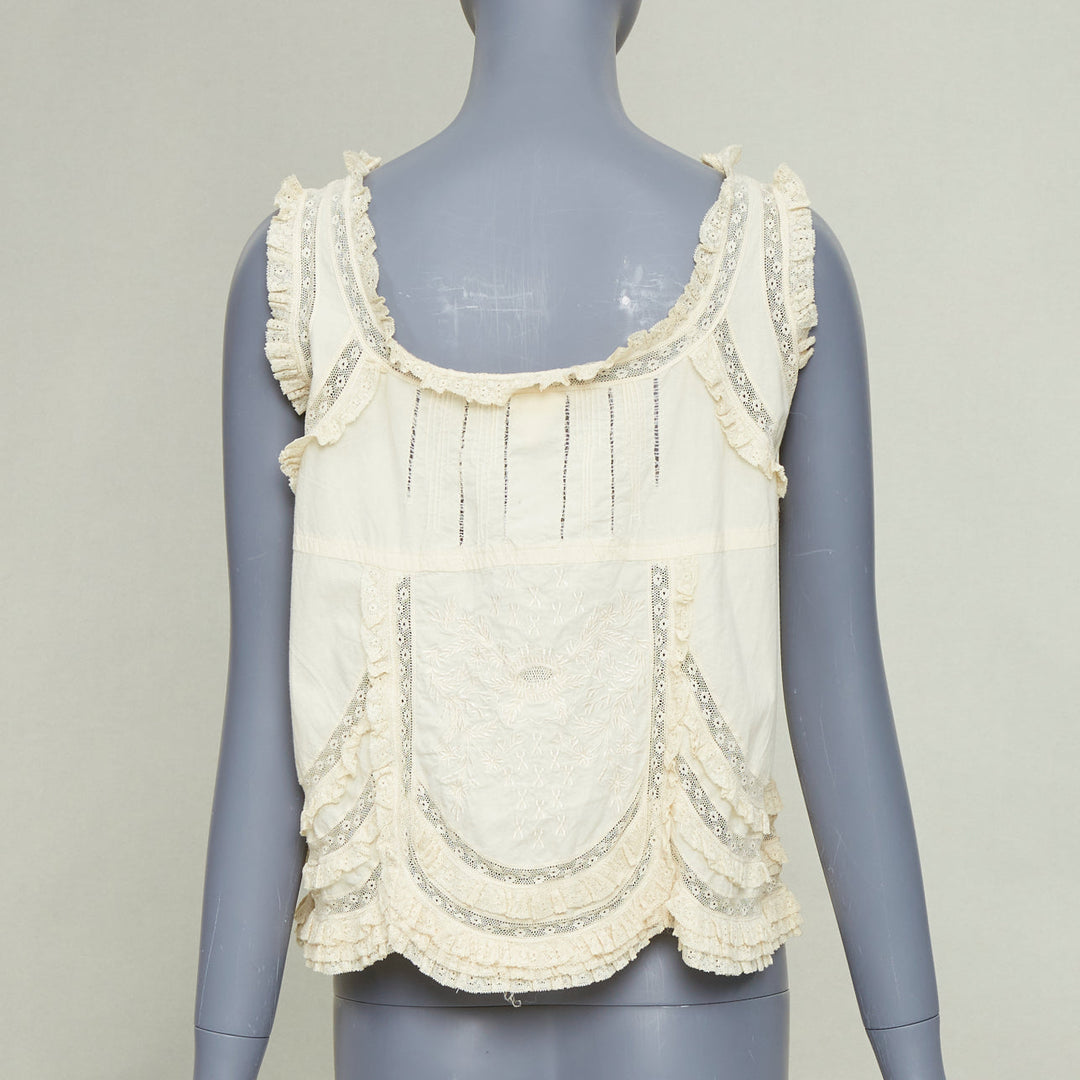 ANNA SUI Vintage cream embroidered floral eyelet lace ruffle peasant top US2 S