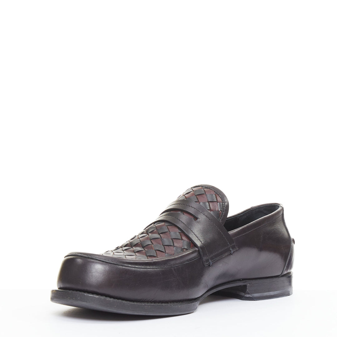 BOTTEGA VENETA Intrecciato black burgundy woven leather penny loafers EU43
