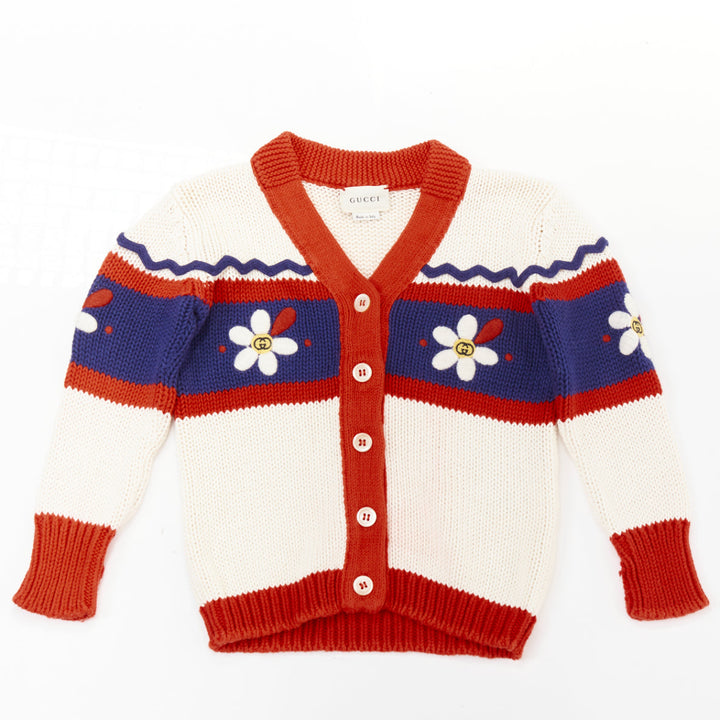 GUCCI KIDS red cream blue cotton Daisy GG embroider knit cardigan sweater 12/18M