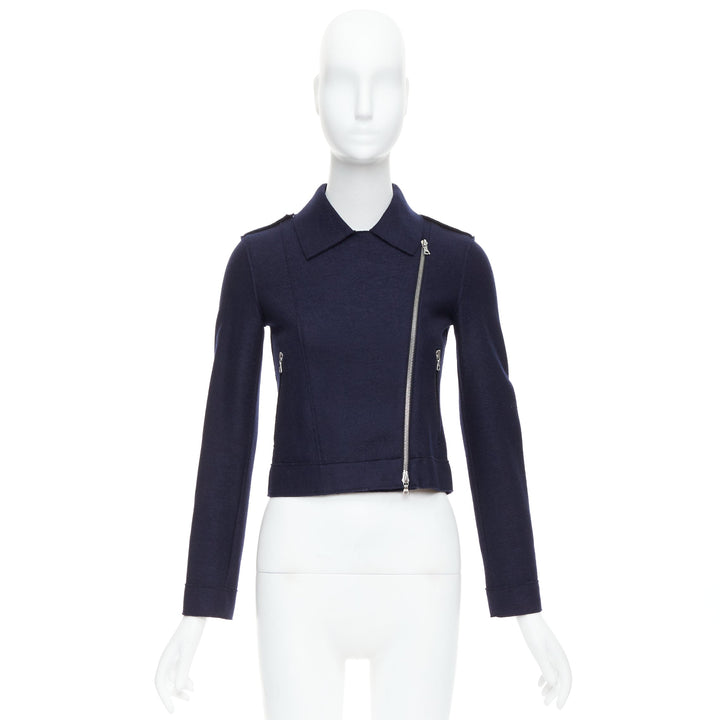 HARRIS WHARF LONDON navy virgin wool cropped biker jacket IT38 XS