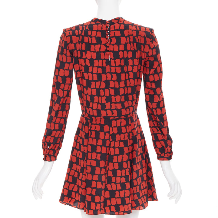 SAINT LAURENT 2012 red black geometric block silk shoulder padded dress FR34 XXS