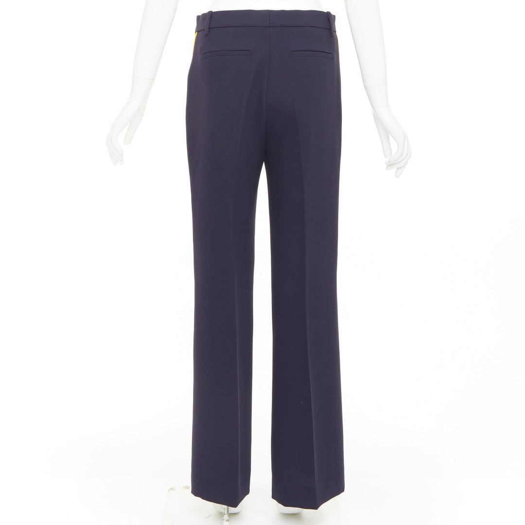 VVB VICTORIA BECKHAM navy yellow silk trimmed high waist wide trousers UK8 S