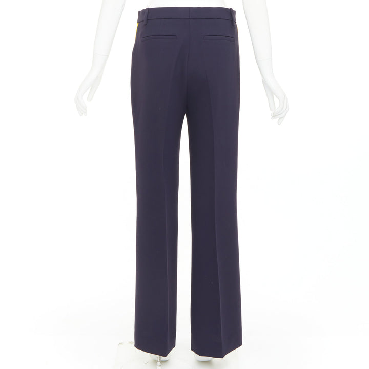 VVB VICTORIA BECKHAM navy yellow silk trimmed high waist wide trousers UK8 S