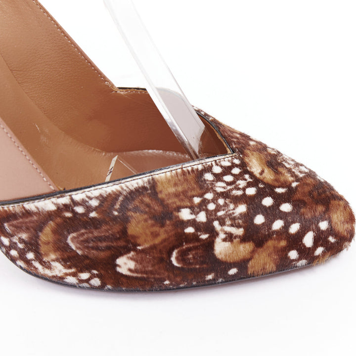 VALENTINO 2011 Runway brown feather print pony hair ankle strap pumps EU37