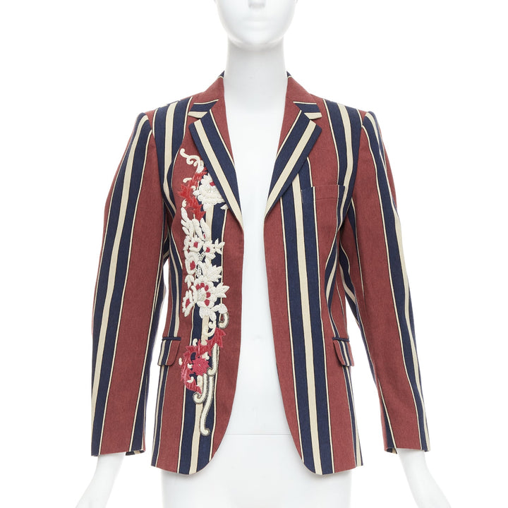 DRIES VAN NOTEN burgundy navy striped floral beaded wool linen blazer FR36 S