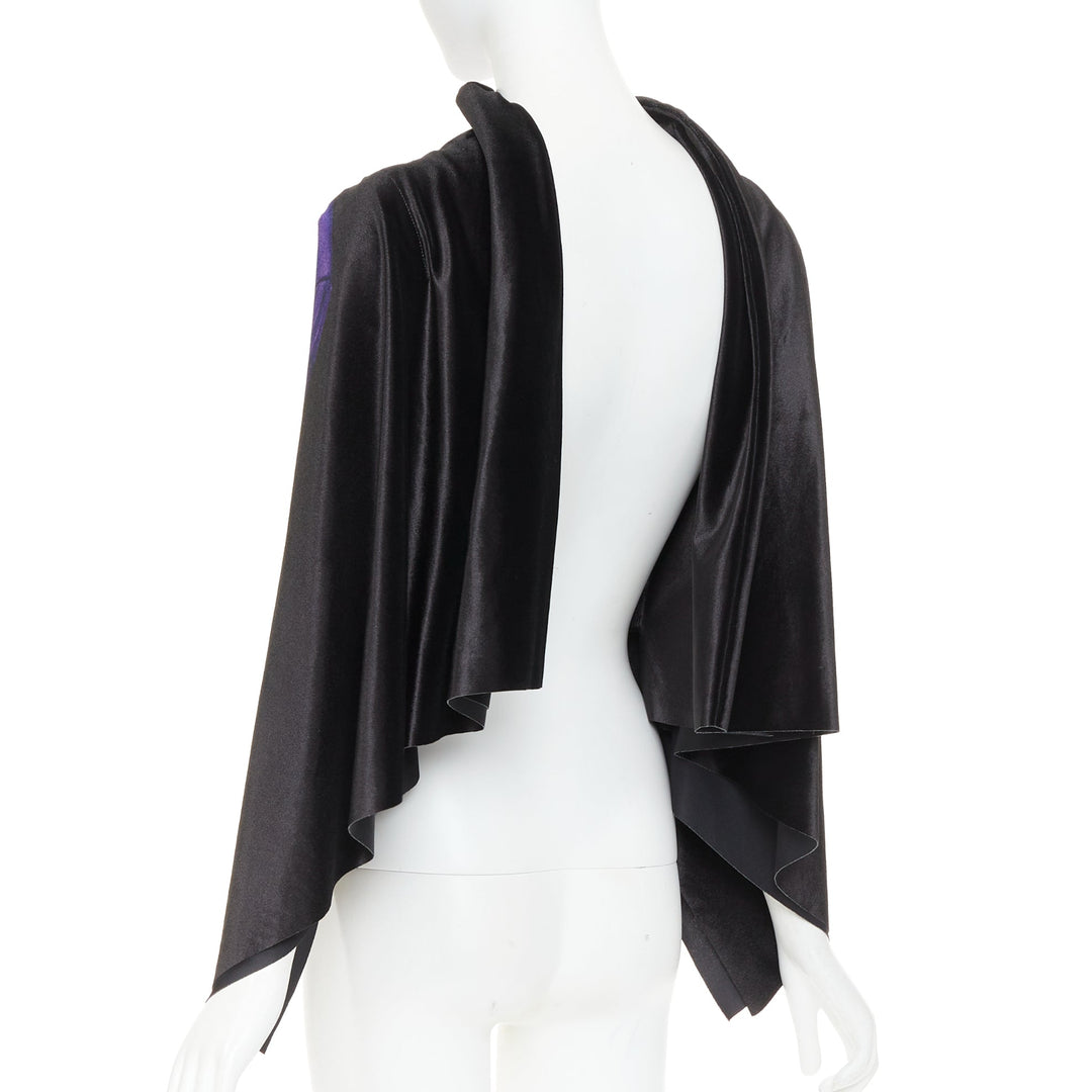 LOEWE 2022 Runway black purple Trompe Loeil print open draped cape top FR36 S