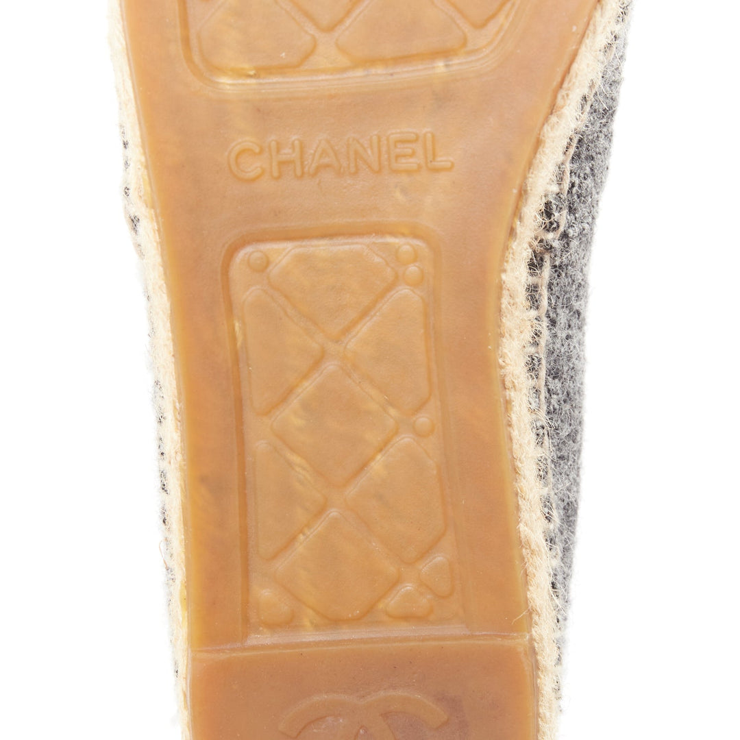 CHANEL 2021 grey wool felt black CC velvet applique espadrille flats EU39
