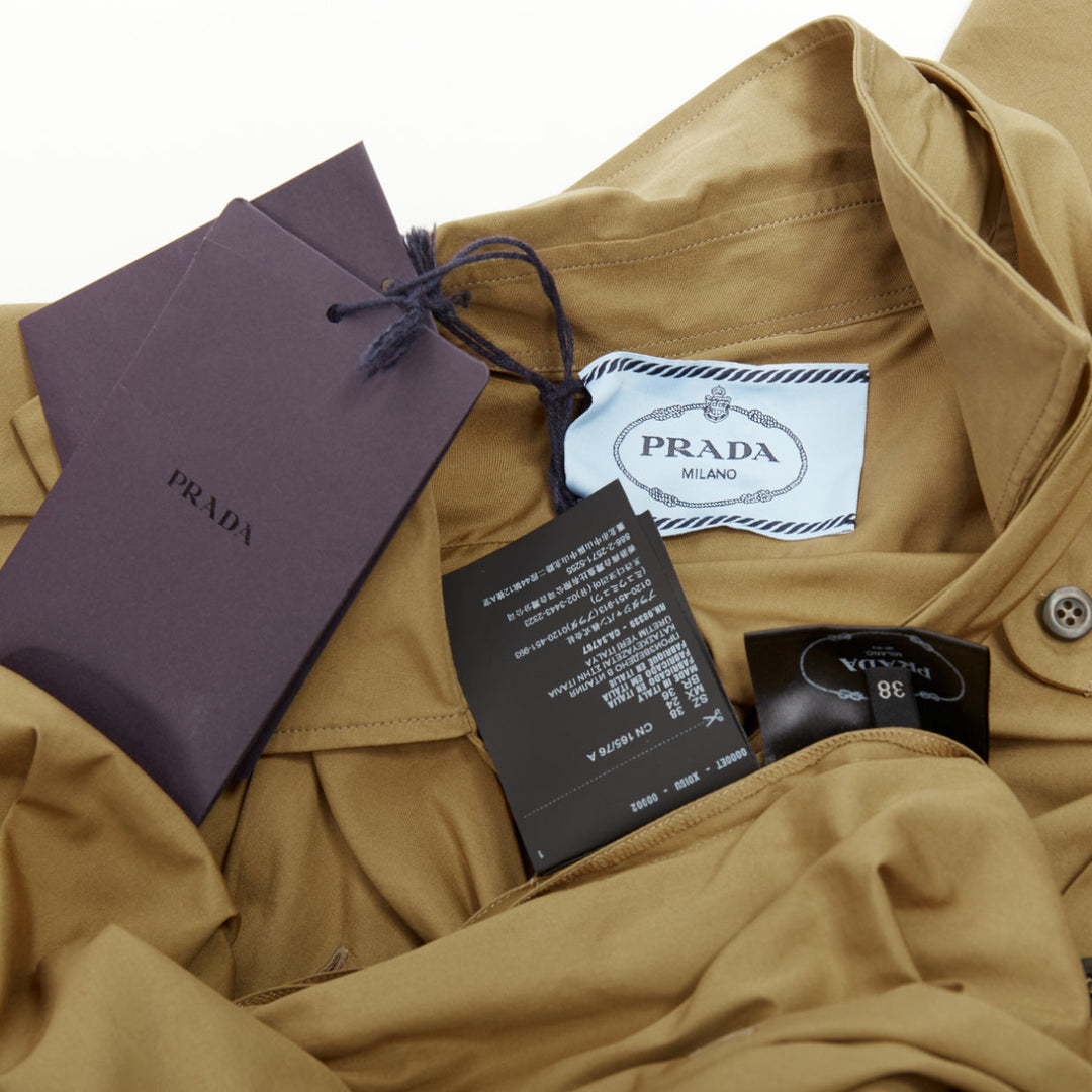 PRADA 2023 Runway brown poplin necktie safari utility shirt trail gown IT38 XS