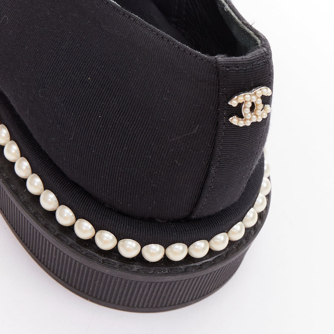 CHANEL black canvas pearl embellished trim fabric oxfords EU35.5