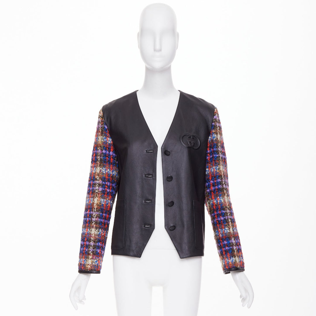 GUCCI 2019 Interlocking G Patch lambskin multi plaid tweed sleeve jacket IT38 S
