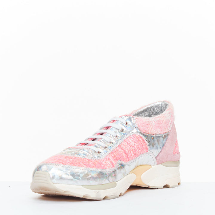 CHANEL 2014 pink tweed silver holographic silver leather sneakers EU38.5