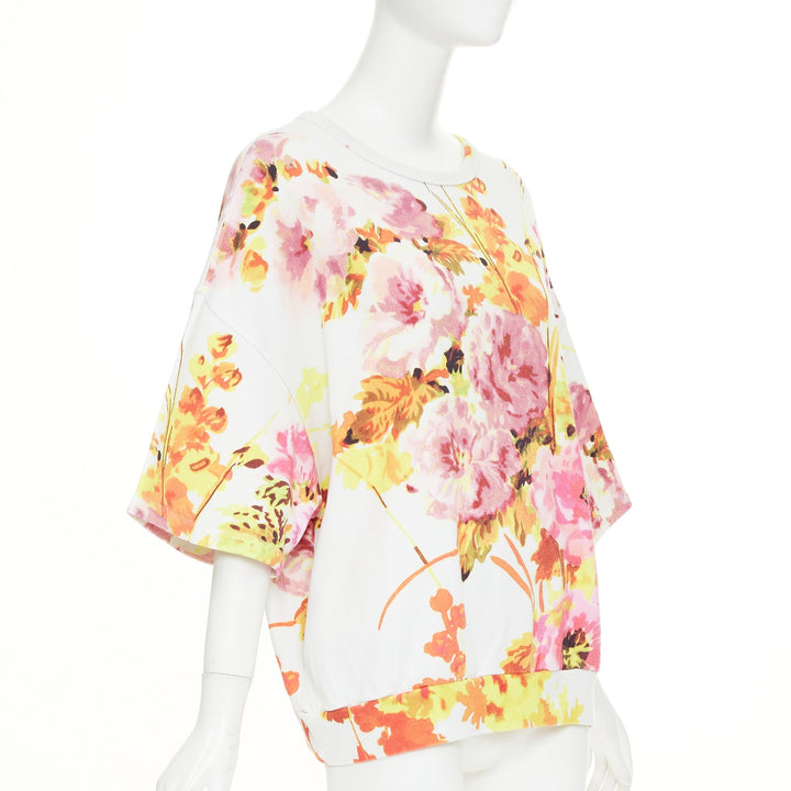 DRIES VAN NOTEN Helovi Ecru floral graphic wide elbow sleeve cotton sweatshirt M