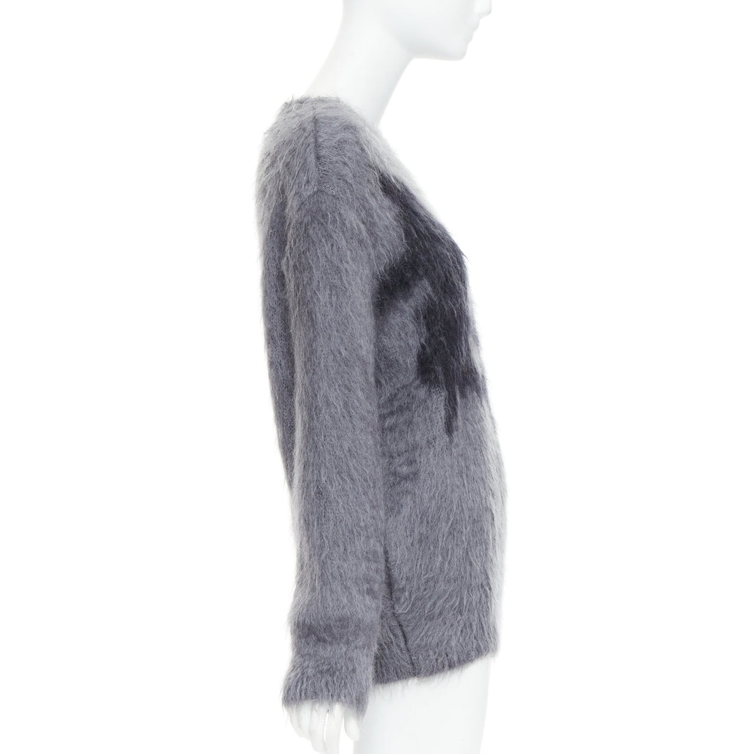 CHRISTIAN DIOR grey mohair silk black graphic fluffy long sleeve sweater FR36 S