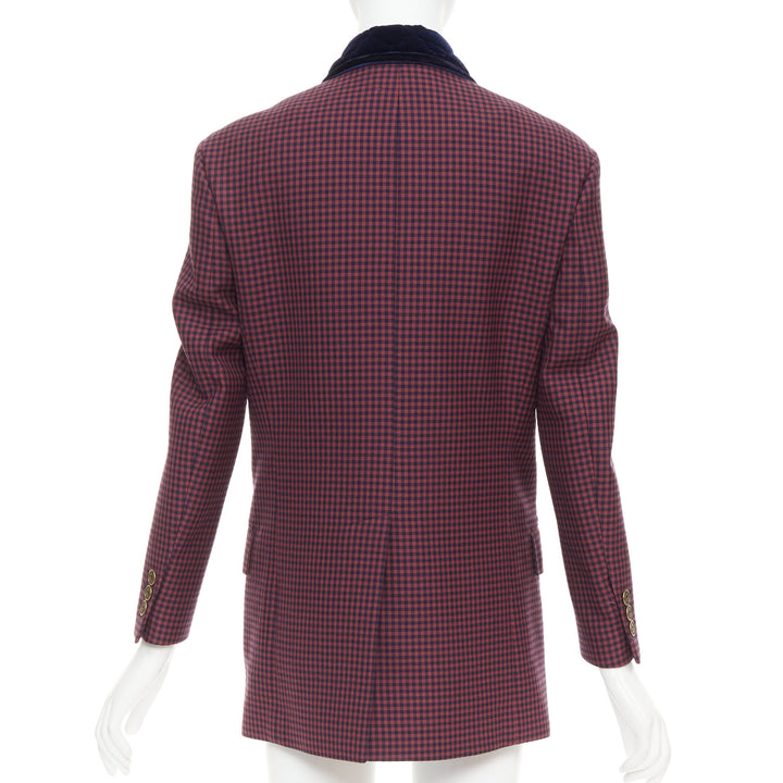 FENDI burgundy wool checkered purple velvet collar double breast blazer IT34 XS