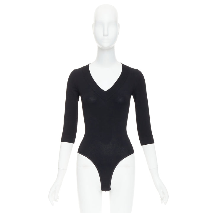 ALAIA black viscose blend V-neck bodysuit t-shirt leotard top FR36 S