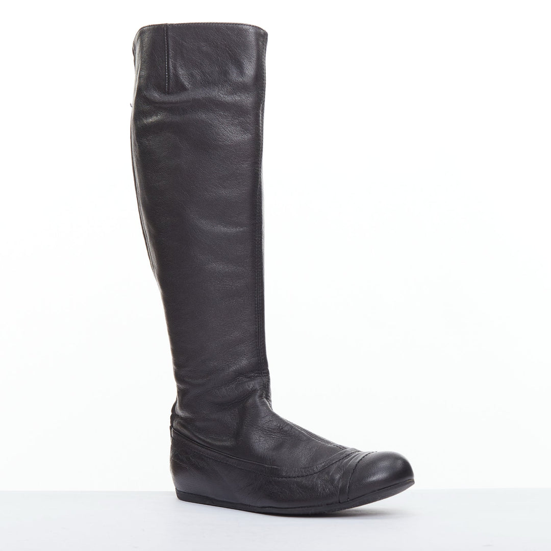 LANVIN black soft leather round toe panelled flat long boots