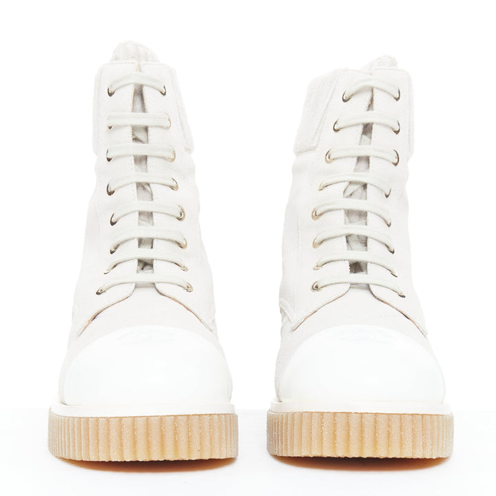 CHANEL 2020 white CC grey suede calfskin quilted combat boots EU38