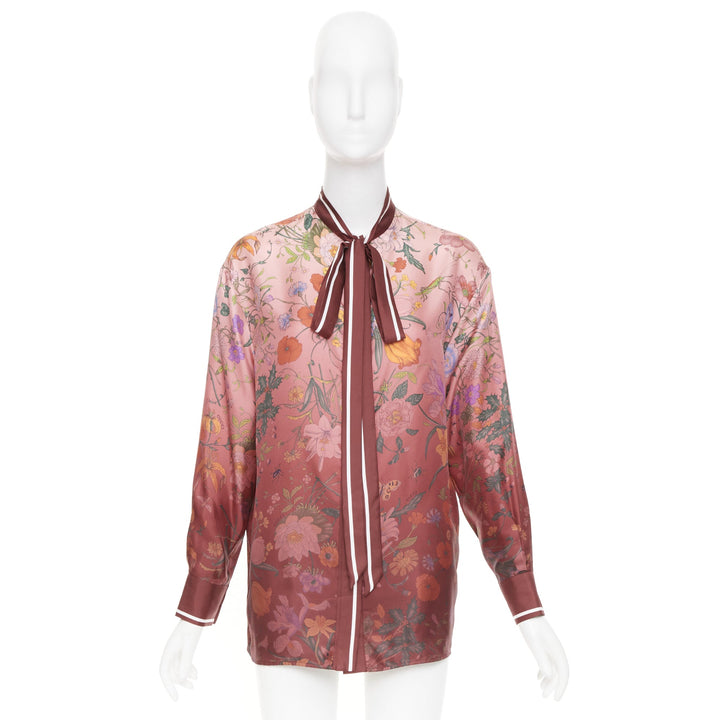 GUCCI 2025 Flora Degrade Rosso Ancora red bow neck tie silk twill top IT36 XXS