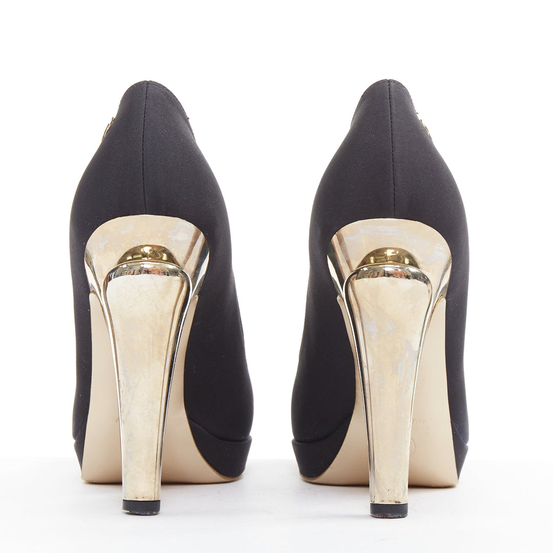 CHANEL 08A black satin gold sculpted metal bolt heel platform pumps EU37.5