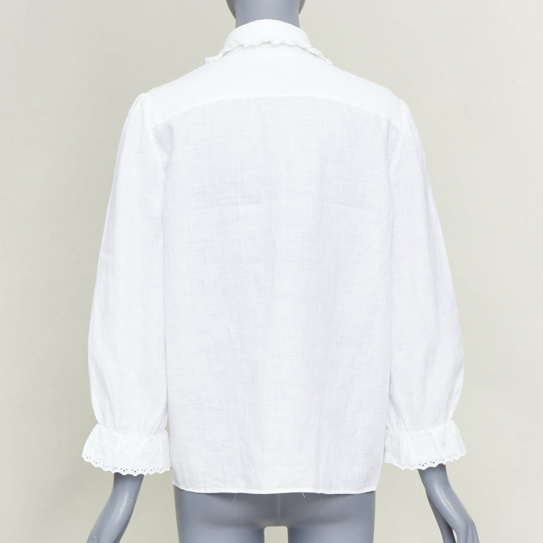 CELINE white linen ramie eyelet ruffled collar embroidered pleated shirt FR36 S