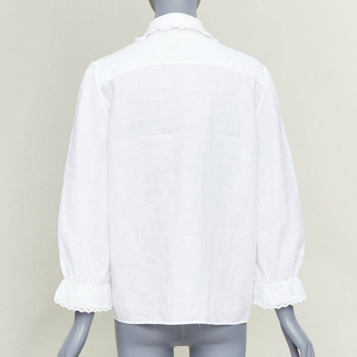 CELINE white linen ramie eyelet ruffled collar embroidered pleated shirt FR36 S