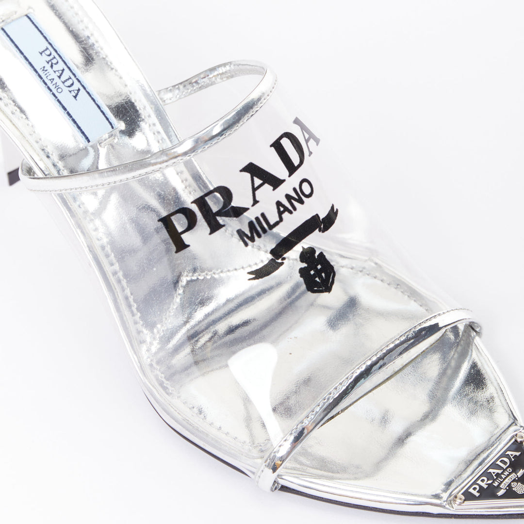 PRADA Plexiglass logo print clear PVC triangle toe mule heels EU37.5