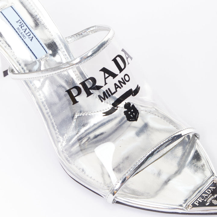 PRADA Plexiglass logo print clear PVC triangle toe mule heels EU37.5