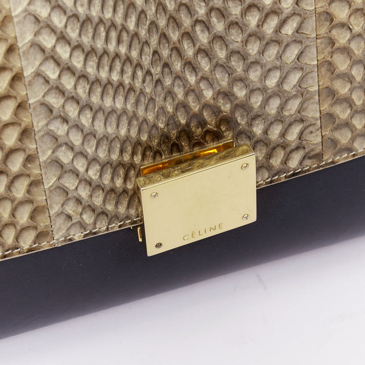CELINE Trapeze beige scaled leather flap navy brown gold hardware bag