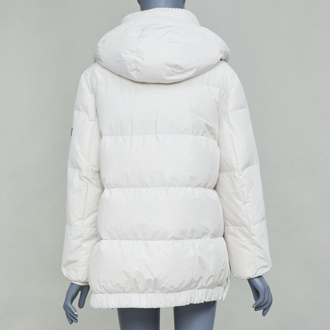 BRUNELLO CUCINELLI white puffer hooded cashmere trim down coat jacket IT40 S