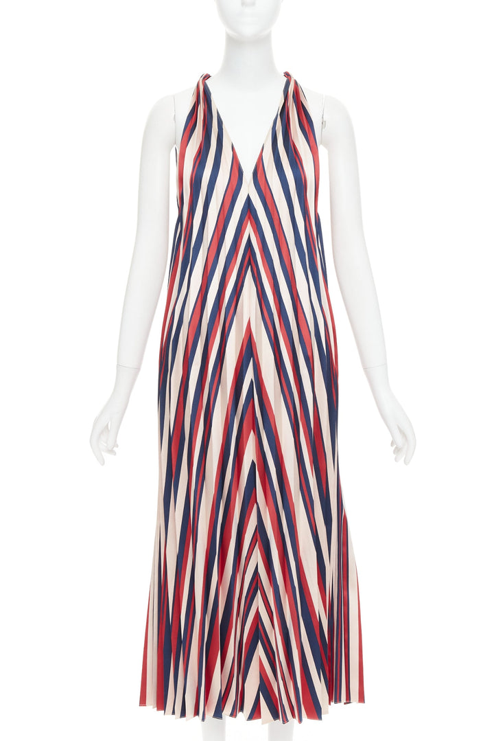 TOME beige red navy chevron print pleated V neck black trim midi dress S