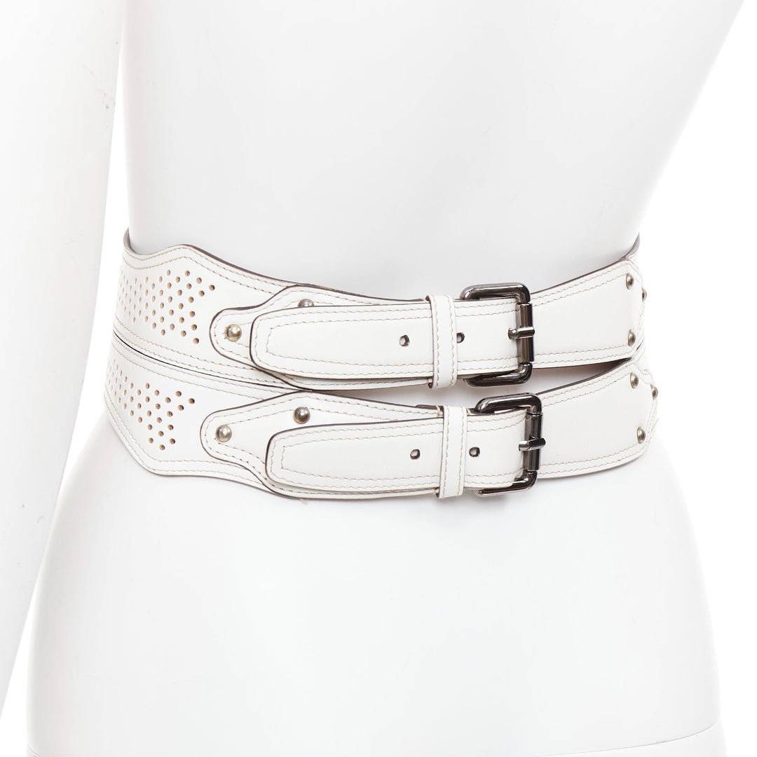 ALAIA white leather punctured perforated cinched waist wide belt 65cm