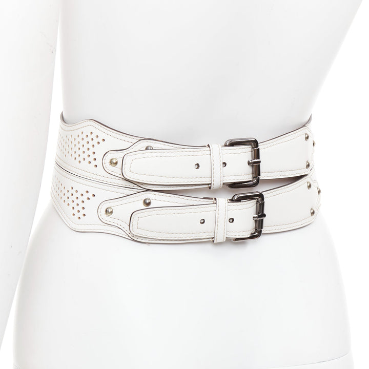 ALAIA white leather punctured perforated cinched waist wide belt 65cm