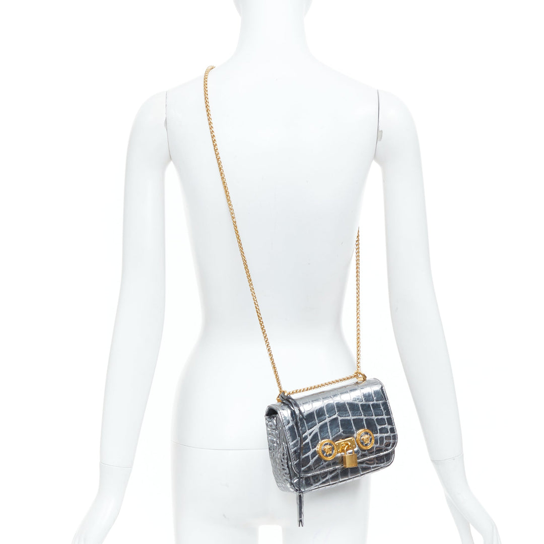 VERSACE 2018 Icon Medusa padlock metallic silver scaled leather crossbody bag