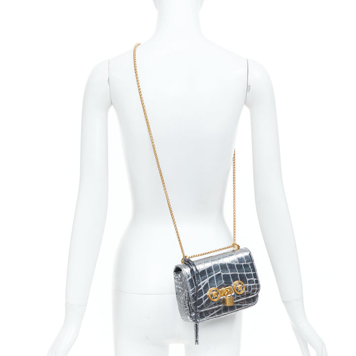 VERSACE 2018 Icon Medusa padlock metallic silver scaled leather crossbody bag