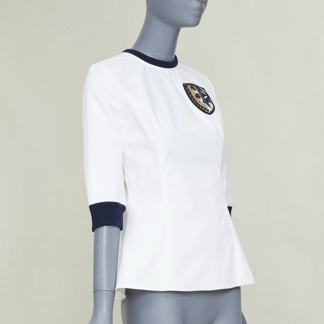 DIOR 2014 off-white navy sequin badge cotton peplum top FR36 S