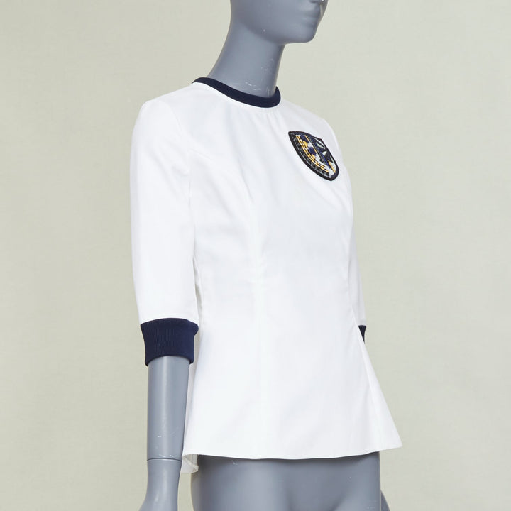 DIOR 2014 off-white navy sequin badge cotton peplum top FR36 S