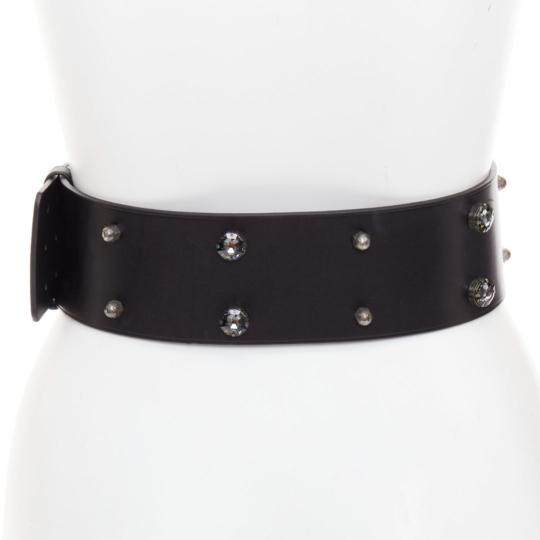 LANVIN black calfskin leather crystal embellished panelled statement belt S